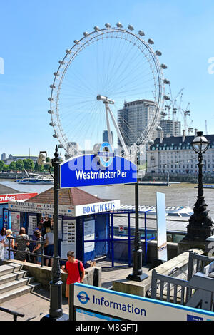 Les touristes d'acheter des billets de bateau sur la Tamise à Transport for London Westminster Pier pour vos excursions avec iconic London Eye au-delà UK Banque D'Images