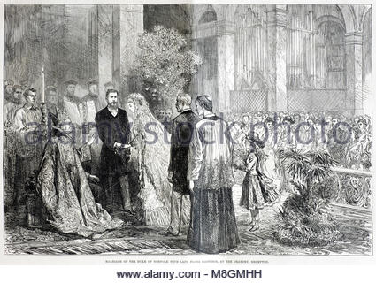 Le mariage du duc de Norfolk 1847 - 1917, avec lady Flora Hastings 1854 -1887, à l'Oratoire de Brompton, gravure antique 1877 Banque D'Images