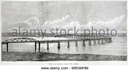 Tay Rail Bridge original en regardant vers le sud, à partir de la gravure antique décembre 1877, 6 mois avant l'ouverture officielle en juin 1878 Banque D'Images