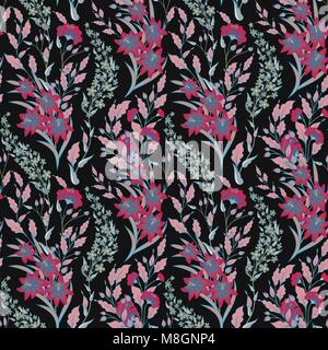 Vector floral pattern transparente avec des plantes et fleurs d'été. Rose bleu sur noir. Illustration de Vecteur