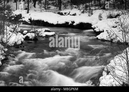 La Rogue River s'écoule débloqués créant des Whitecaps en forêt en hiver Banque D'Images