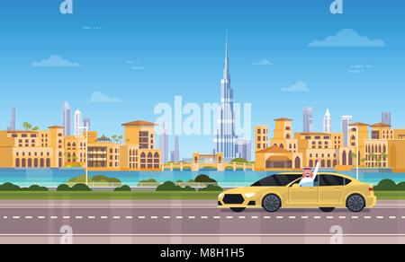 Voiture taxi jaune sur la route sur la ville de Dubaï en arrière-plan Illustration de Vecteur