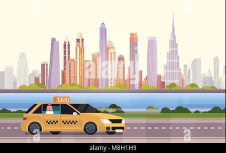 Une voiture de taxi cab jaune sur la route sur la ville de Dubaï en arrière-plan Illustration de Vecteur