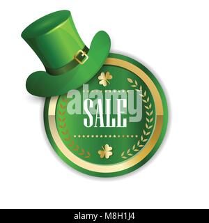 Saint Patricks Day Sticker décorées dans des tons de vert Chapeau Leprechaun Tag remise isolée Illustration de Vecteur