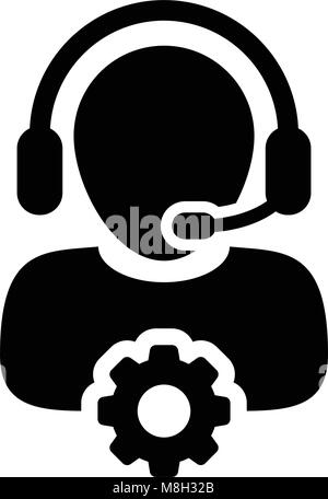 L'icône Service Homme Vecteur Profil de personne de l'opérateur avec l'Avatar de casque et symbole de Cog en soutien aux entreprises industrielles pictogramme glyphe illustrati Illustration de Vecteur