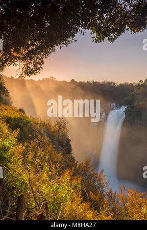 La lumière dorée d'un lever de soleil sur Victoria Falls au Zimbabwe. Banque D'Images