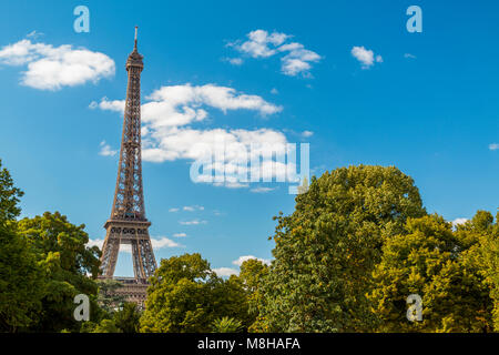 Belle vue de la tour Eiffel parmi les arbres verdoyants en été vert sur fond de ciel bleu Banque D'Images