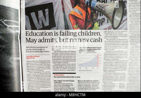 Guardian article "l'éducation est un échec les enfants peuvent l'admet, mais aucun nouveau paiement' 19 février 2018 à Londres Angleterre Royaume-uni Banque D'Images