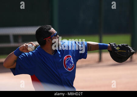 Glendale, Phoenix. USA.- Dioner Navarro receptor de Chicago Cubs en el campo de entrenamiento Camelback Ranch en juego contra White Sox de Chicago.13/03/ Banque D'Images