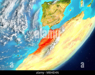 Vue Satellite du Maroc a souligné en rouge sur la planète Terre avec des nuages. 3D illustration. Éléments de cette image fournie par la NASA. Banque D'Images