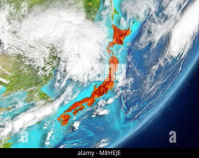 Vue du Japon a souligné en rouge sur la planète Terre avec des nuages. 3D illustration. Éléments de cette image fournie par la NASA. Banque D'Images