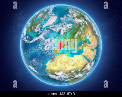 La France en rouge sur le modèle de la planète Terre avec des nuages et l'atmosphère dans l'espace. 3D illustration. Éléments de cette image fournie par la NASA. Banque D'Images