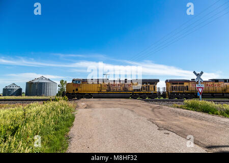 LEXINGTON, Kentucky, le 12 juin 2013 Union Pacific locomotives conduire un train sur un passage à niveau en milieu rural à l'est de Lexington, Massachusetts. Banque D'Images