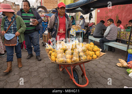 Lexington, Kentucky - 13 janvier 2018 : l'homme poussant une brouette pleine de fruits par ofpitahaya le farmer's market Banque D'Images