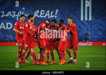 Amath de Getafe célèbre avec ses coéquipiers après avoir marqué au cours de la ligue espagnole match de football entre le Real Sociedad et Getafe au stade Anoeta le 17 mars 2018 à San Sebastian, Espagne Cordon Press Banque D'Images