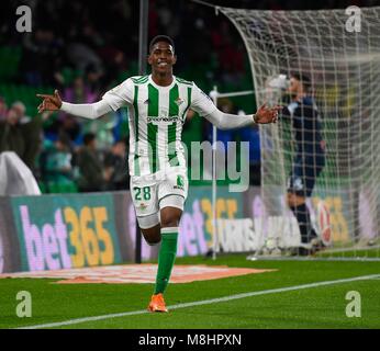 Sevilla, Espagne-17 mars : Junior du Real Betis célèbre 1-0 lors du match entre Santander Liga Real Betis v RCD. Espanyol au stade Benito Villamarin sur Match 17th, 2018 à Séville en Espagne (photo de Cristobal Duenas Cordon Press Banque D'Images