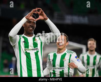 Sevilla, Espagne-17 mars : Junior du Real Betis célèbre 1-0 lors du match entre Santander Liga Real Betis v RCD. Espanyol au stade Benito Villamarin sur Match 17th, 2018 à Séville en Espagne (photo de Cristobal Duenas Cordon Press Banque D'Images