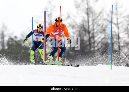 PyeongChang 18 mars . Slalom femmes. Team FR - KNIGHT Millie, Guide : WILD Brett Crédit : Marco Ciccolella/Alamy Live News Banque D'Images