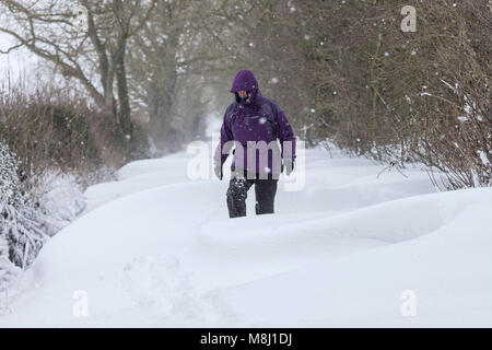 Barnard Castle, comté de Durham. Dimanche 18 mars 2018. Météo britannique. Les combats d'une femme dans la neige profonde et blizzard comme la bête de l'Est 2 bites dur dans le comté de Durham. David Forster/Alamy Live News Banque D'Images