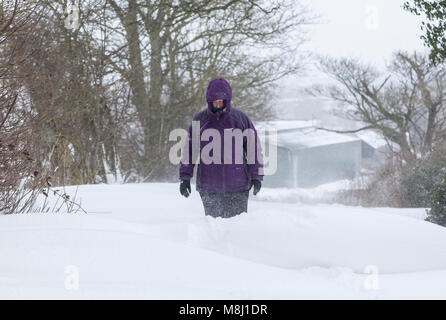 Barnard Castle, comté de Durham. Dimanche 18 mars 2018. Météo britannique. Les combats d'une femme dans la neige profonde et blizzard comme la bête de l'Est 2 bites dur dans le comté de Durham. David Forster/Alamy Live News Banque D'Images