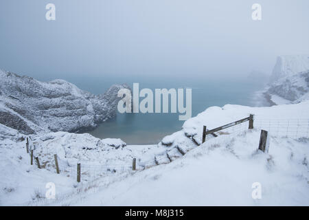 À l'égard Durdle Door et les Chauves-souris tête sur Dorsets Côte Jurassique pendant une tempête de neige bête de l'Est en mars 2018 Vachell Crédit : Owen/Alamy Live News Banque D'Images