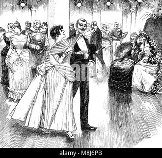 Gentleman flirte avec jeune femme au bal blanc deux vieux célibataires regardent avec beaucoup d'intérêt, vintage illustration Banque D'Images