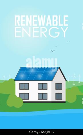 Bannière d'énergie renouvelable. Panneaux solaires sur house Illustration de Vecteur