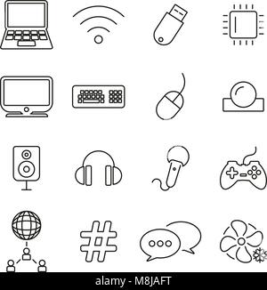 La technologie de l'ordinateur Icônes & équipement de fine ligne Vector Illustration Set Illustration de Vecteur
