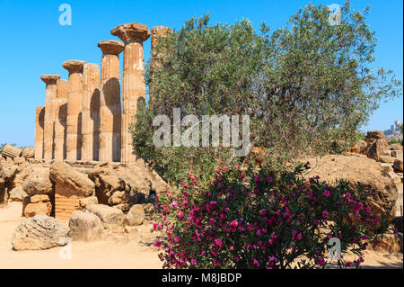 Temple en ruines d'Héraclès colonnes de célèbre ancienne vallée des Temples, Agrigente, Sicile, Italie. UNESCO World Heritage Site. Banque D'Images