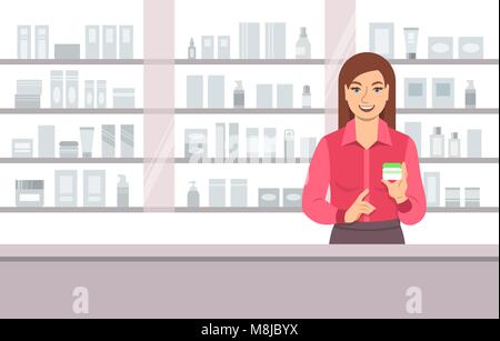 Jeune femme vendeur offrant la crème pour le visage au guichet d'un institut de beauté en face des étagères avec les produits de soins de la peau. Magasin cosmétique cartoon vector background Illustration de Vecteur