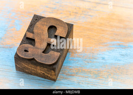 Symbole monétaire livre - typographie vintage type de bloc d'impression sur fond de bois Banque D'Images