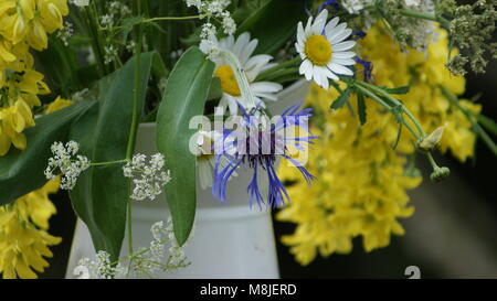 Bouquet de fleurs sauvages dans un pot à lait émaillé Banque D'Images