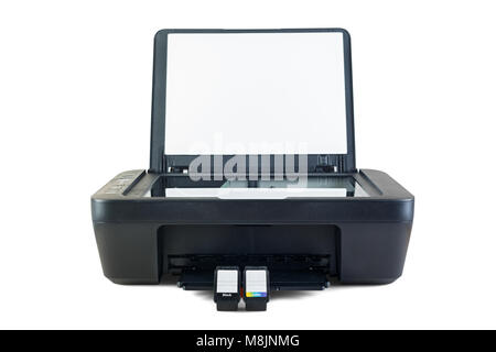 L'imprimante et les cartouches d'encre noir isolé sur fond blanc Banque D'Images