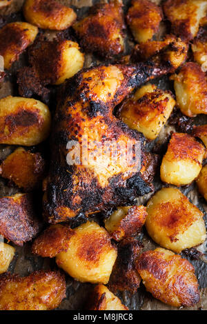 La jambe et la cuisse de poulet rôti avec des pommes de terre rôties Banque D'Images