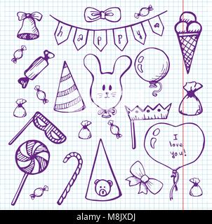 Des ballons et des cadeaux sur un ordinateur portable. Vector illustration dans un style croquis Illustration de Vecteur