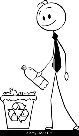 Caricature de Businessman Throwing bouteille plastique dans la corbeille de recyclage Illustration de Vecteur