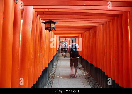 Les touristes visitant les milliers de portes torii vermillon au Sanctuaire Fushimi Inari, Kyoto, Japon. Sanctuaire Fushimi Inari est le chef de culte d'Inari. Banque D'Images