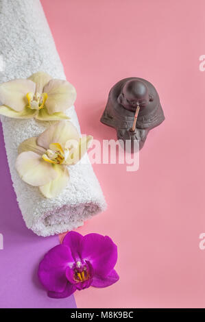 Beau savon dans la forme de fleurs et de serviette avec des fleurs de lavande pour des soins spa sur un fond bicolore. Banque D'Images