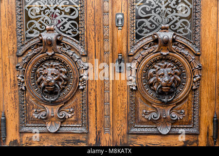 Vieille porte en bois. Deux grands chefs de lion sur l'avant . vintage heurtoir. Banque D'Images