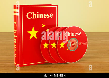 Livre chinois avec le drapeau de la Chine et des CD sur la table en bois. Le rendu 3D Banque D'Images