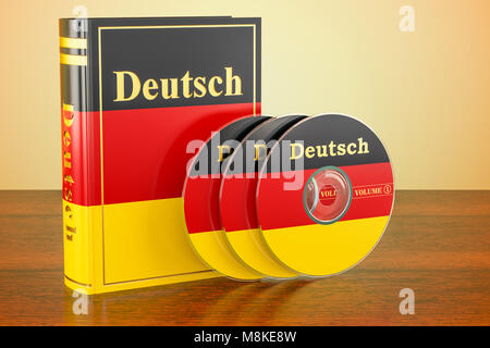 Livre allemand avec pavillon de l'Allemagne et des CD sur la table en bois. Le rendu 3D Banque D'Images