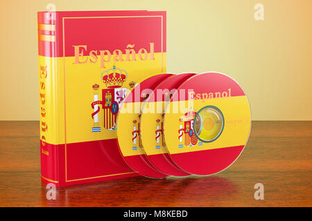 Livre espagnol avec pavillon de l'Espagne et des CD sur la table en bois. Le rendu 3D Banque D'Images