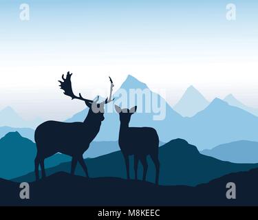 Cerfs et hind debout sur rock en paysage de montagne sous ciel du matin bleu - vector Illustration de Vecteur