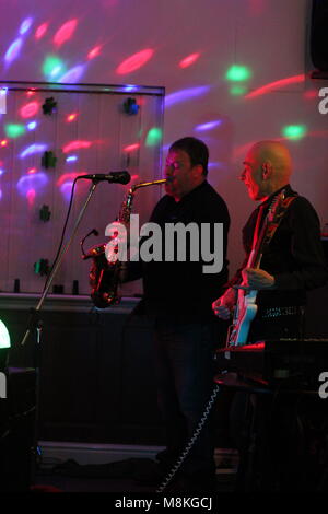 L'impitoyable Brothers & Joe saxophoniste vert lors d'un concert de musique à Elsenham, Essex, Royaume-Uni. 17 mars 2018. Banque D'Images