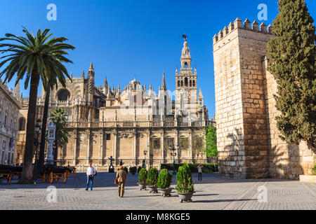 Séville, Andalousie, Espagne : la liste de l'Unesco Cathédrale et l'Alcazar. Banque D'Images