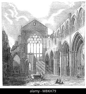 L'Abbaye de Holyrood est une abbaye en ruine des chanoines réguliers à Édimbourg, en Écosse. Il a été fondé en 1128 par le roi David I. Pendant le 15ème siècle, l'abbaye guesthouse a été développée en une résidence royale, et après la réforme écossaise du palais de Holyroodhouse a été élargi. L'église de l'abbaye a été utilisée comme église paroissiale jusqu'au 17e siècle, et a été ruiné depuis le 18e siècle. Banque D'Images