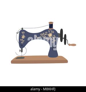 Machine à coudre vintage avec tiroir bleu thread. L'équipement pour coudre des vêtements de mode. Handmade Illustration de Vecteur