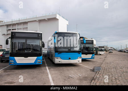 Avis de plusieurs bus bleu et blanc stationné dans la ville. Banque D'Images