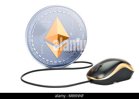 Ethereum coin avec souris d'ordinateur. Concept d'exploitation minière, 3D illustration isolé sur fond blanc Banque D'Images