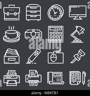 Simple Jeu d'icônes de bureau ligne vectorielle. Contient des icônes telles que réunions d'affaires, travail, bâtiment de bureaux, bureau de réception Illustration de Vecteur
